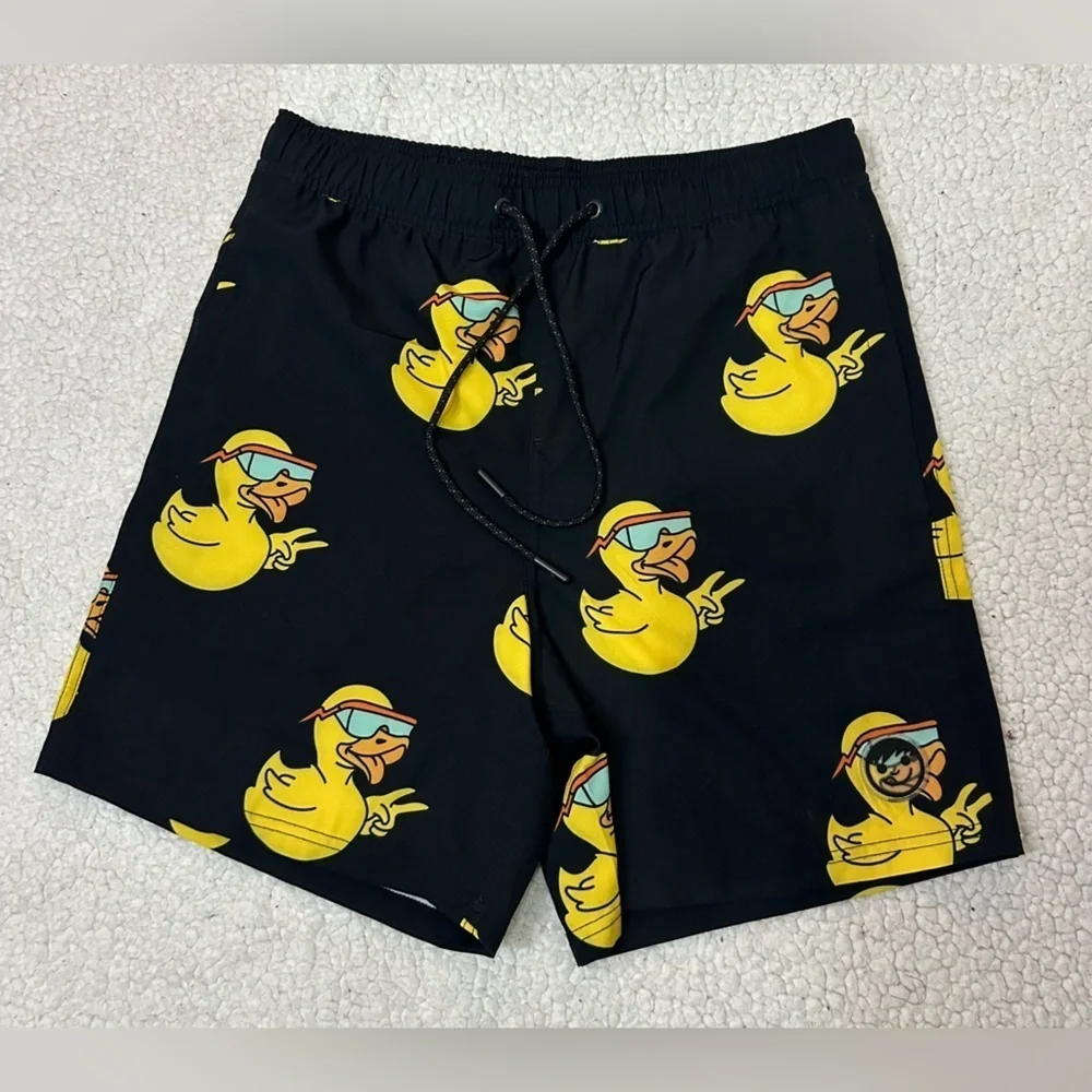 NWOT Neff Black and Yellow Duck Print Swim Trunks